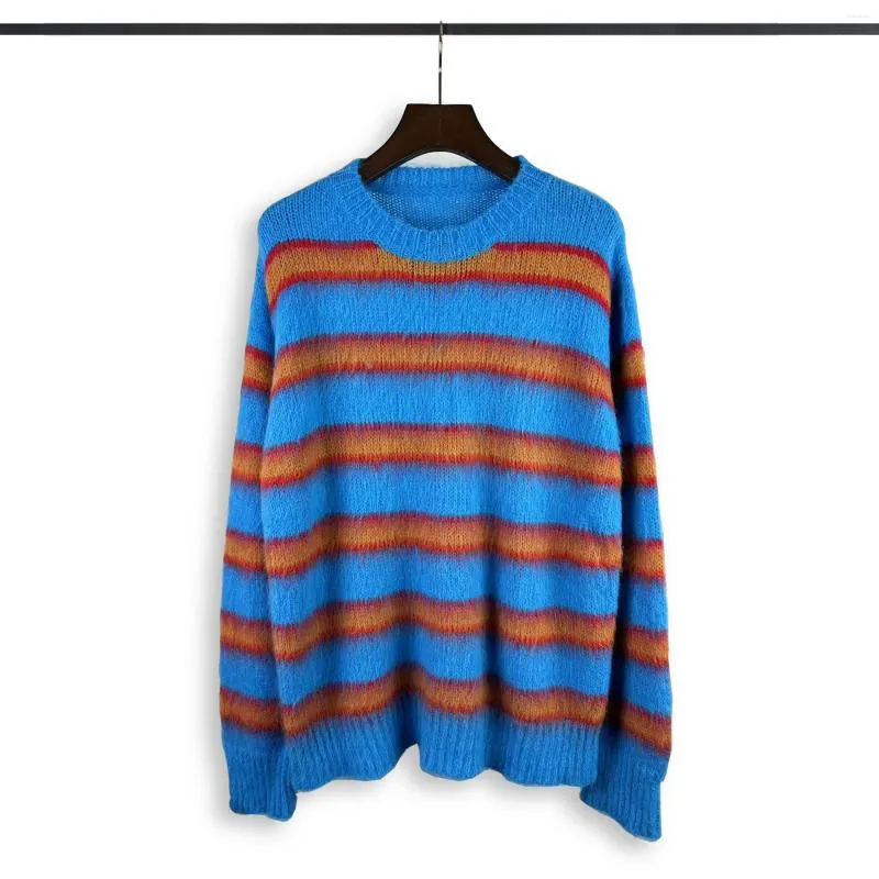 Męskie swetry spniecje kolory paski na niebieski dzianiny sweter mohair mężczyzna mężczyźni kobiety najwyższej jakości pary modowe bluzy unisex