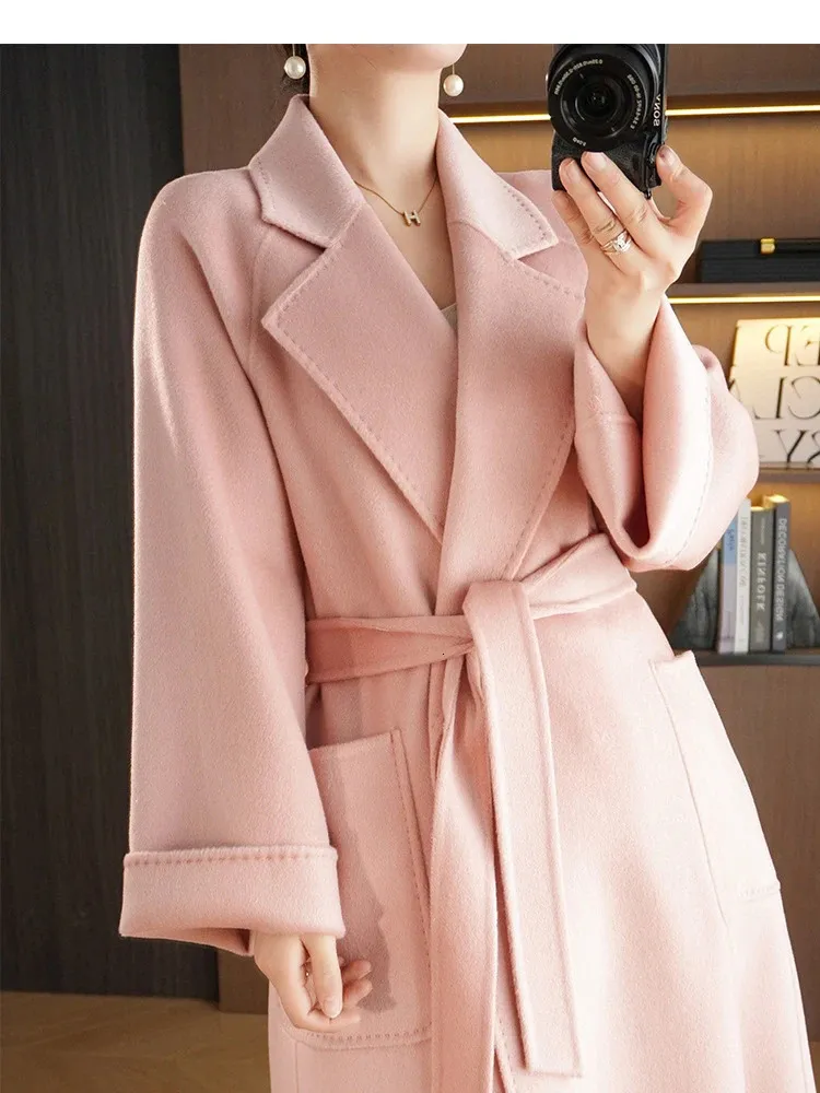 RosEvans haute qualité ondulation d'eau rose Double face laine veste ceinture revers femmes manteau à manches longues longue mode manteau ample 240112