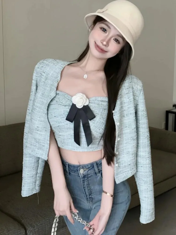 Autumn Korean Sweet Tweed Casual Short Jacket Cardigan Women Axelpless 3D Flower Sexig liten doft Tvådel kostym 240112