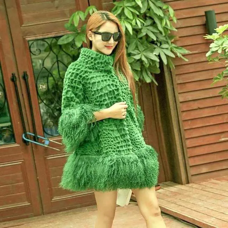 Fourrure pour femmes Faux Designer Mode Naturel Fourrure De Lapin Col Montant Trois Quarts Manches Lâche Mongol Gland Bas Moyen Long Manteau Casacos XXL D7NW