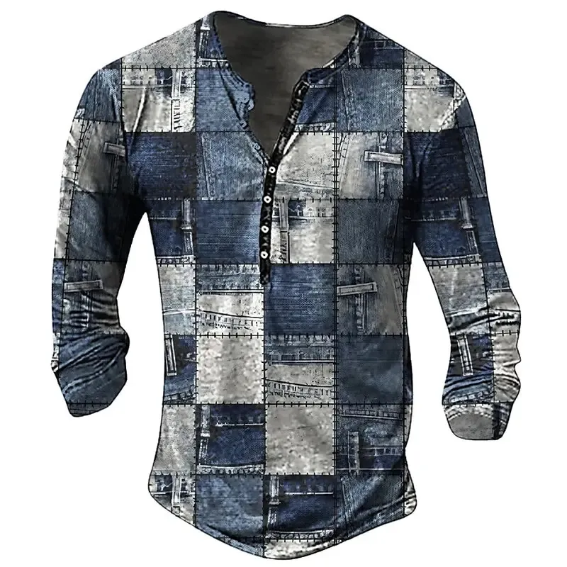 T-shirt vintage pour hommes T-shirts graphiques T-shirts en coton Ligne géométrique Imprimé en 3D Chemise Henley à manches longues Surdimensionné Vêtements pour hommes Tops 240112