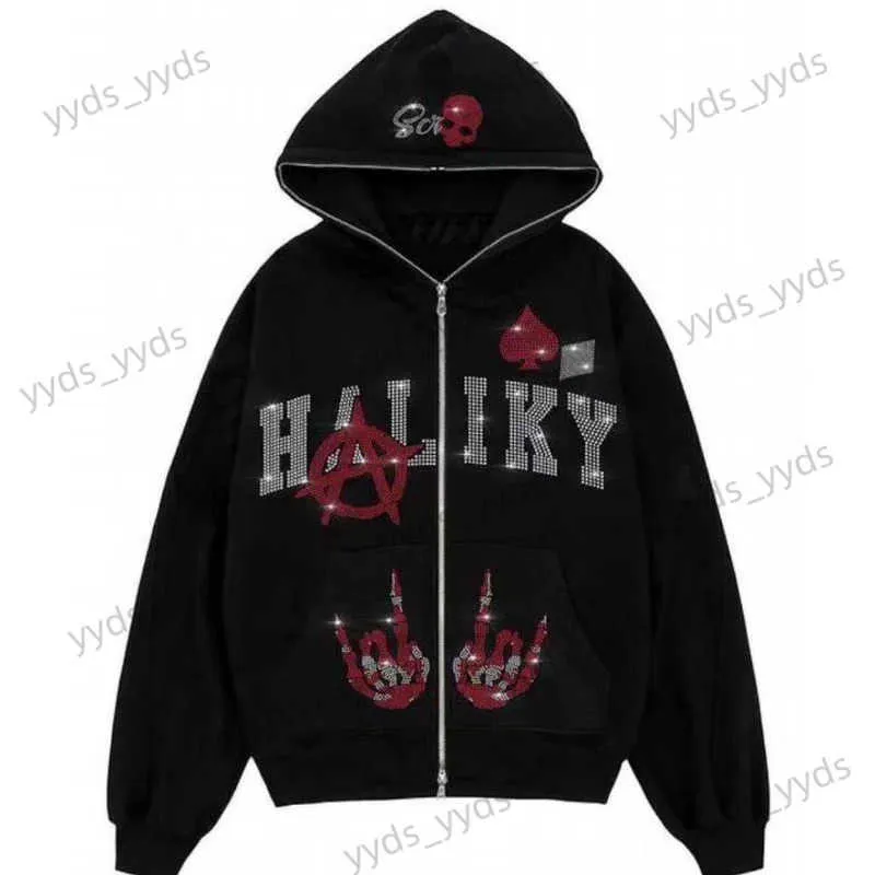 Men's Hoodies Sweatshirts Y2K Rhinestone Hoodie Gothic Aesthetic Sweatshirt Oversized Long Sleeve Top Fairy Grunge Dress Skull Diamond Cardigan Jacket emo T240113