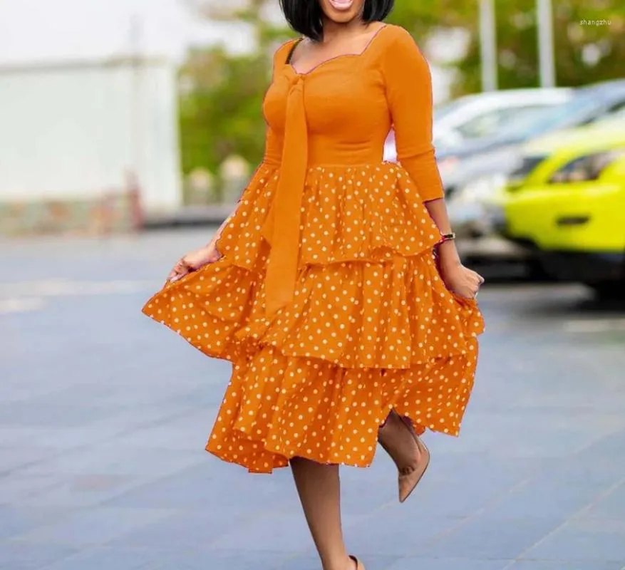 Casual Dresses Elegant Style 2024 Early Spring Summer Women Dress Fitted Tie Detail Polka Dot Print High Waist Layered Ruffle Edge Daily