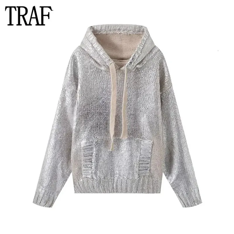 Trafo Metalik Hoodies Sweaters Kadınlar için Gümüş Örgü Sweater Kadın Uzun Kollu Büyük Boy Kazak Kadınlar Ceket Örgü 240113