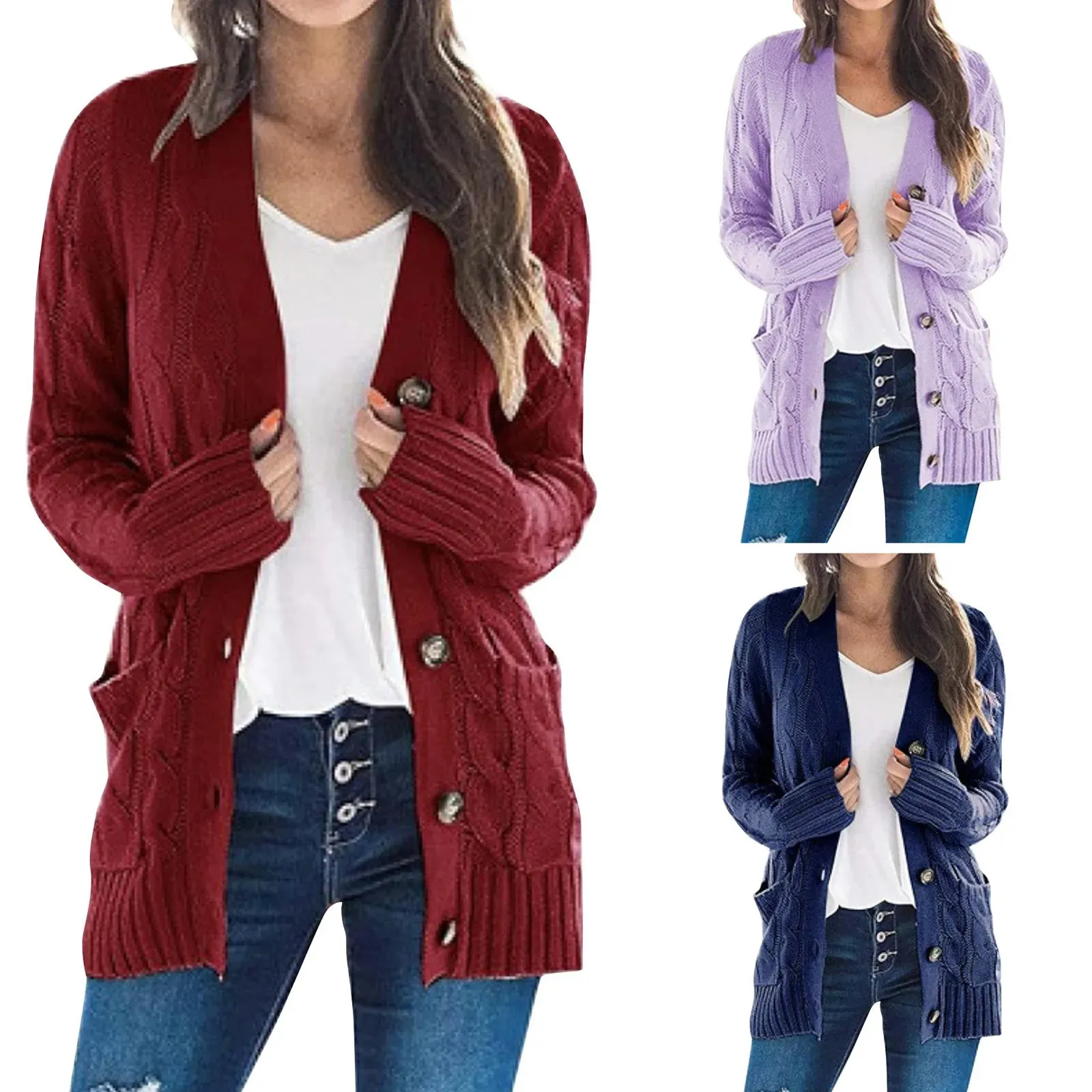 Womens Sweaters Button Down Long Sleeve Cable Twist Knit Open Front Cardigan Loose Outerwear Coat with Pockets 240112