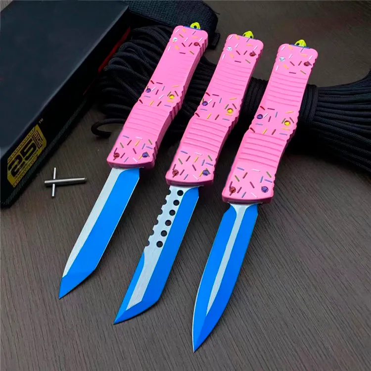 Ny exklusiv efterrätt Warrior Ultratech Donut Pink OTF Auto Knife 3.74 "D2 Blade Aviation Aluminium Handle Camping Outdoor Tactical Self-Defense Knives EDC Pocket Tool