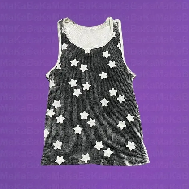Vêtements rétro européens et américains Y2k, haut nombril exposé imprimé étoiles, gilet sans manches pour femmes gothique mignon punk Grunge fée Corset hip-hop bébé T-shirt