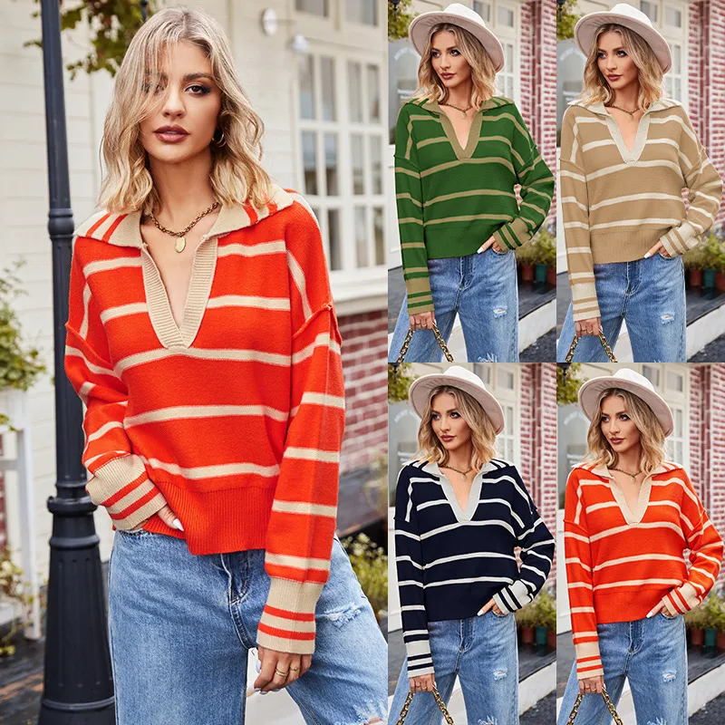 Vêtements transfrontaliers pour femmes d'automne et d'hiver en Europe et en Amérique, nouveau pull rayé patchwork à la mode, col ample, pull tricoté pour femme