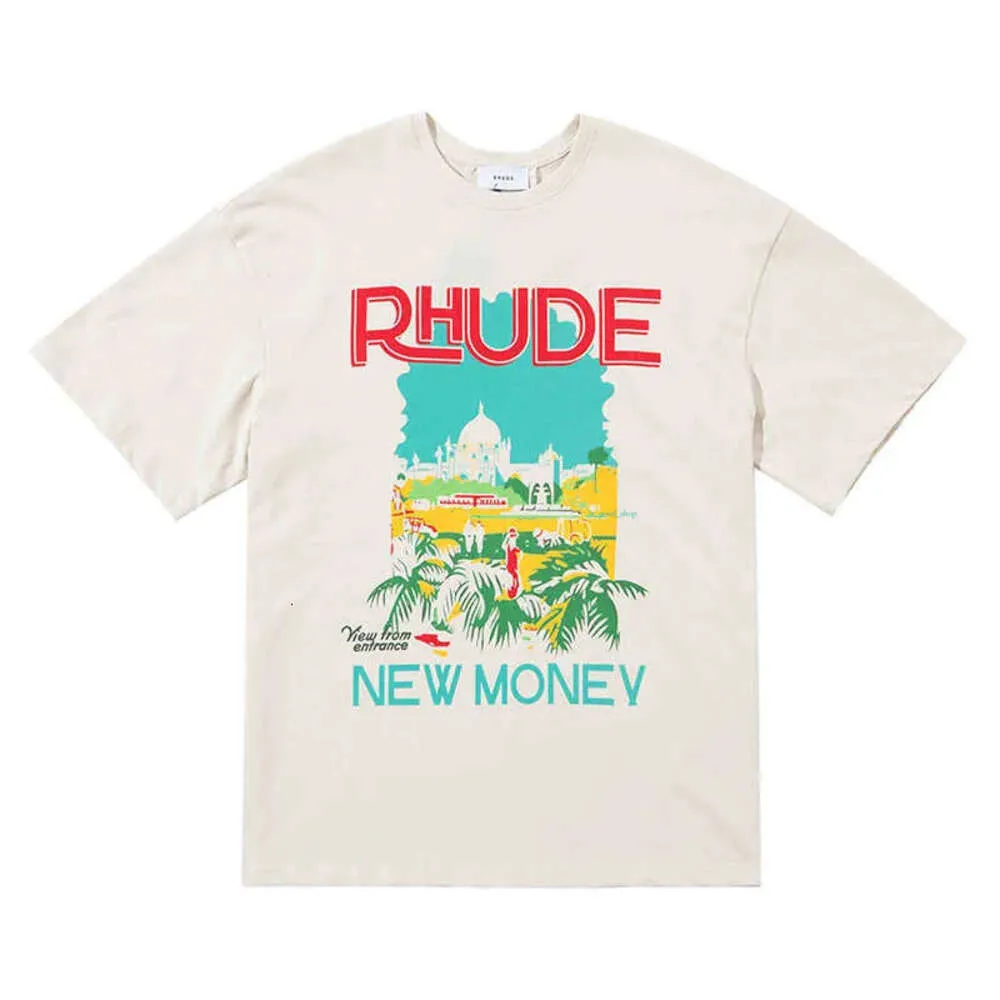 남자 티셔츠 티셔츠 Rhude Shirs New Money Windowsill T 셔츠 셔츠 조경 인쇄 고가 면화와 여자 느슨한 짧은 슬리브 티셔츠 탑 524