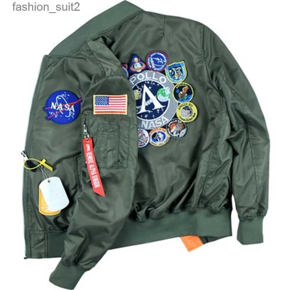 Chaquetas nasa Chaqueta piloto de vuelo de otoño Abrigo Bomber verde negro Apollo Hombres Abrigos de béisbol bordados de la NASA con cremallera chaqueta bomber cp Chaquetas para hombre DHR0
