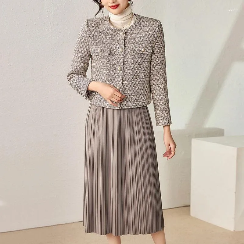 Arbeitskleider im französischen Stil, 2-teiliges Röcke-Set für Damen, langärmliger Woll-Tweed-Mantel und A-Linien-Faltenrock, zweiteiliges Set für Bürodamen