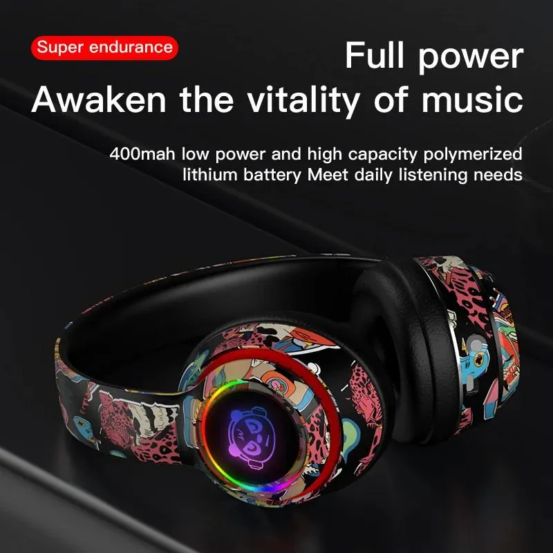 Hörlurar Newmsnr Glödande Bluetooth -hörlurar Graffiti Design Trådlösa hörlurar med mikrofonreduktionens headset super hifi djup bas