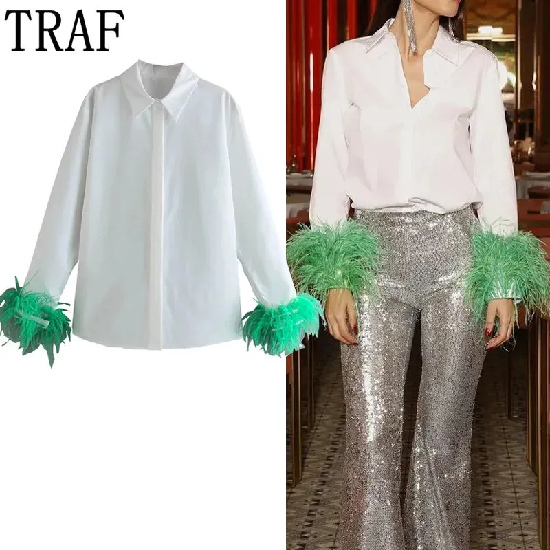 TRAF camisa blanca de manga larga para mujer, Top de plumas verdes, blusas elegantes para fiesta para mujer, camisa abotonada con cuello a la moda para mujer 240112