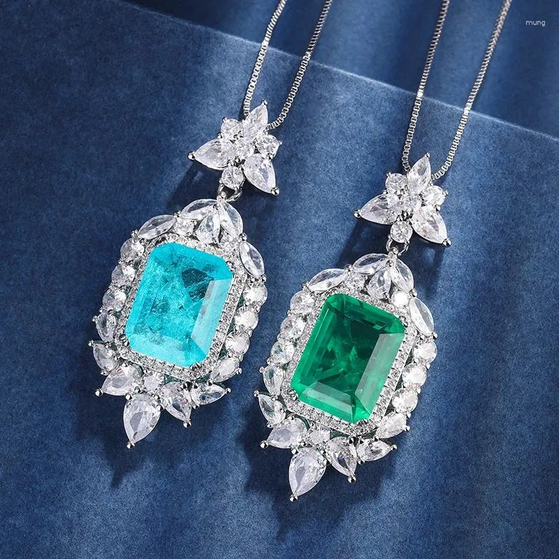 Hänge halsband Eyika Brasilien Women Lab Emerald Paraiba Tourmaline Necklace Fusion Stone Cz Flower tröja kedja Bröllop Fina smycken