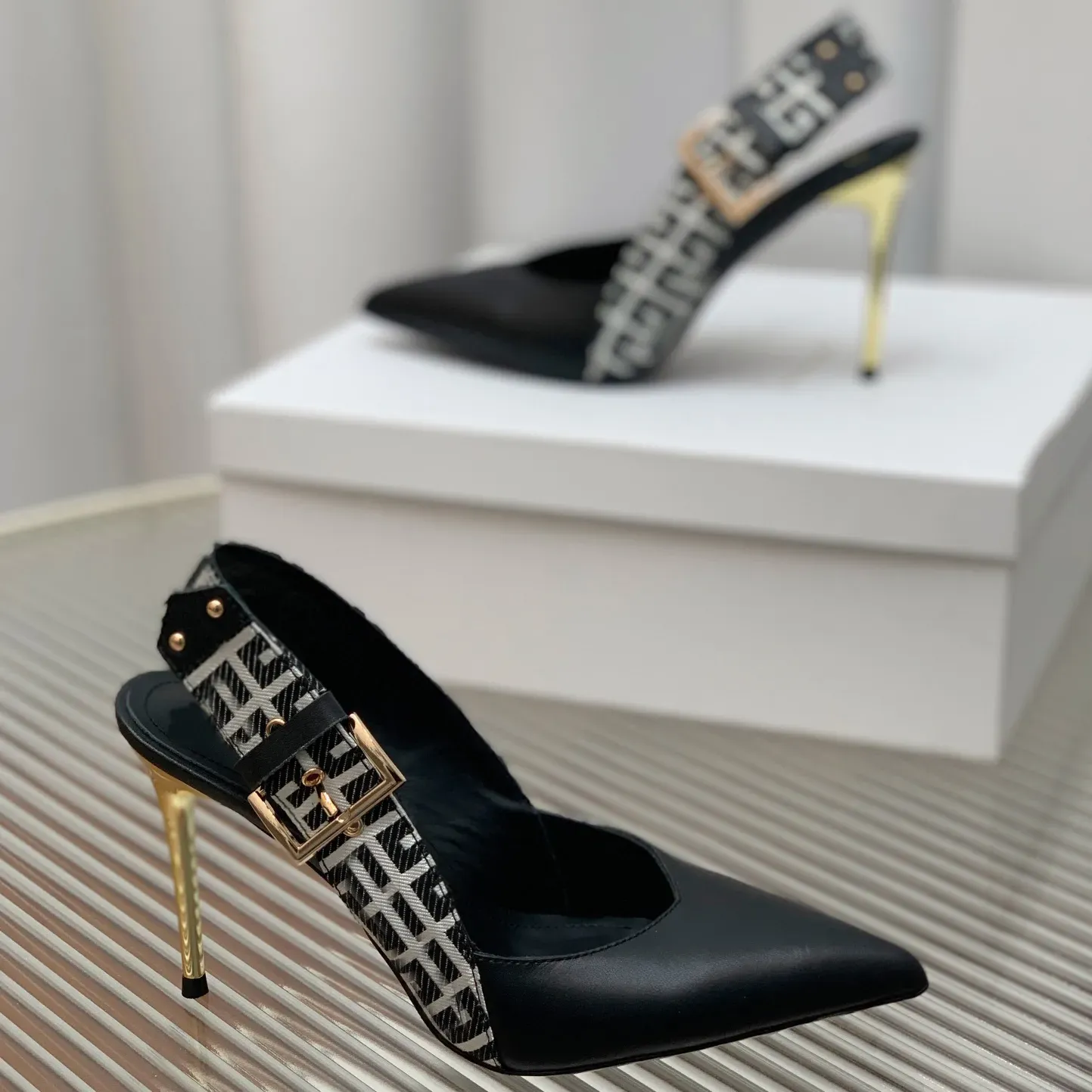 Heels dress shoes designer sandals cowhide Printed buckle slingbacks stiletto pointed toes Pumps 9.5cm high heeled sandal 35-42 Metal heel womens Designers shoe