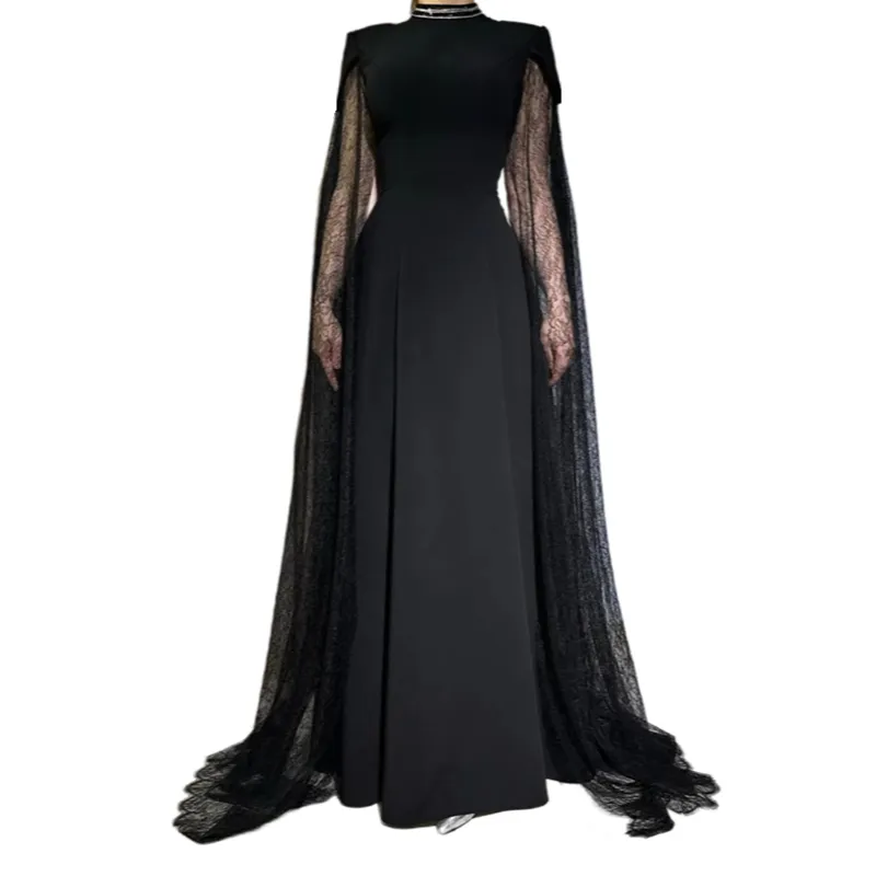 black evening dresses cape town Majestic Black Gown with Dramatic Cape Sleeves – KUJTA & MERI