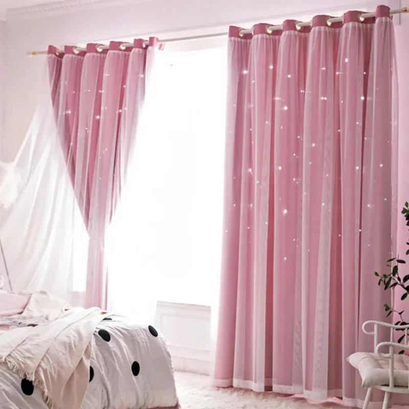 Star Curtain for Girls Bedroom Wysoka zaciemnienie podwójna warstwa Sheer nakładka do pokoju dziecięcego gwiazda księżniczki Pink 240113