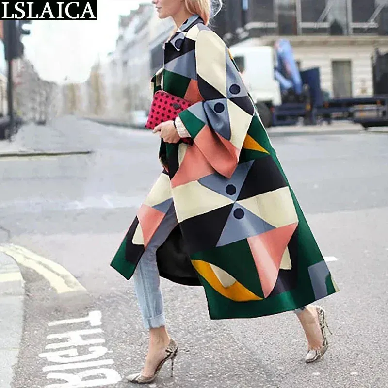 Casual Lapel Trench Coat for Women Autumn Spring Fashion Print Loose Elegant Long Jack S-5XL High Street Style Ladies Overcoats 240112