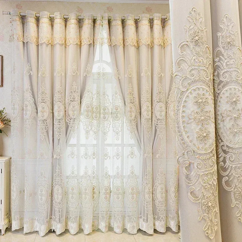 Rideau double couche brodé en relief de luxe pour salon occultant 3D perle florale pure tulle chambre décor dentelle personnalisée 240113