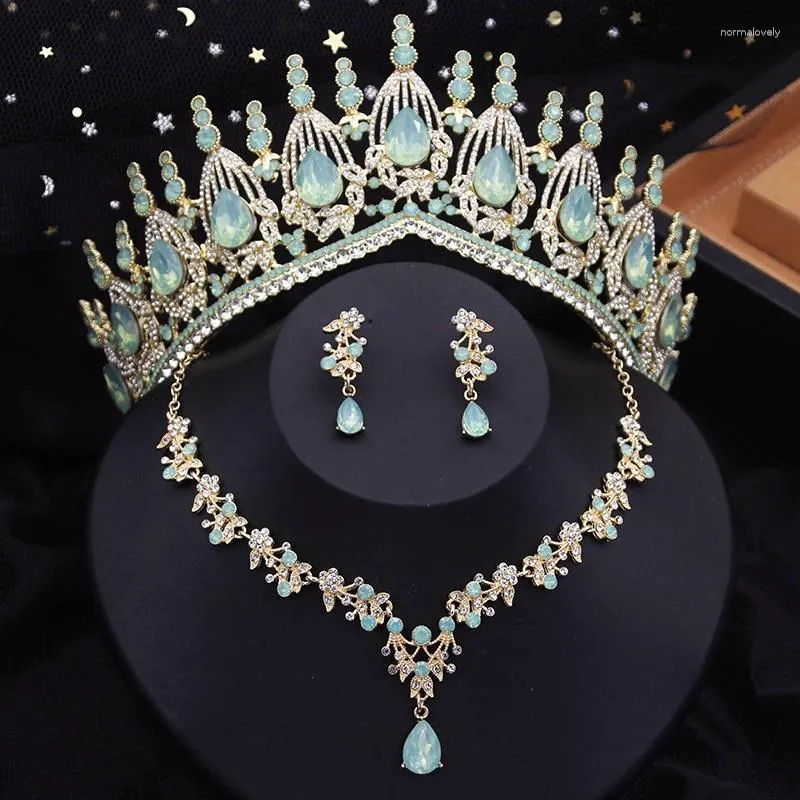 Necklace Earrings Set Blue Crown Bridal For Women Opal Tiara Sets Prom Wedding Bride Jewelry Costume Accessories