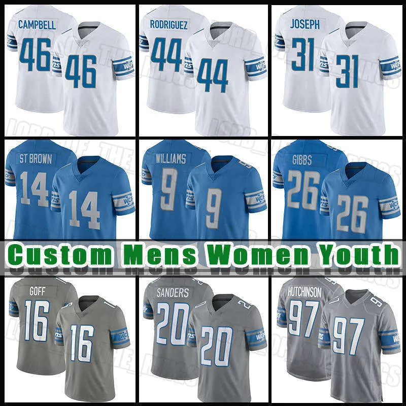 14 Amon-Ra St. Brown 16 Jared Goff Football Jersey Detroit'lions''Jahmyr Gibbs Jameson Williams Malcolm Rodriguez Penei Sewell Kerby Joseph Jack Campbell Barry Sanders