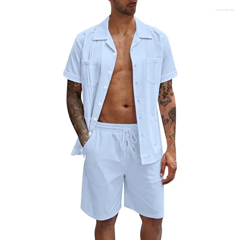 Tute da uomo Camicie con bottoni estivi Pantaloncini con coulisse Set Casual Tinta unita in cotone e lino Tuta da uomo Abbigliamento da spiaggia allentato
