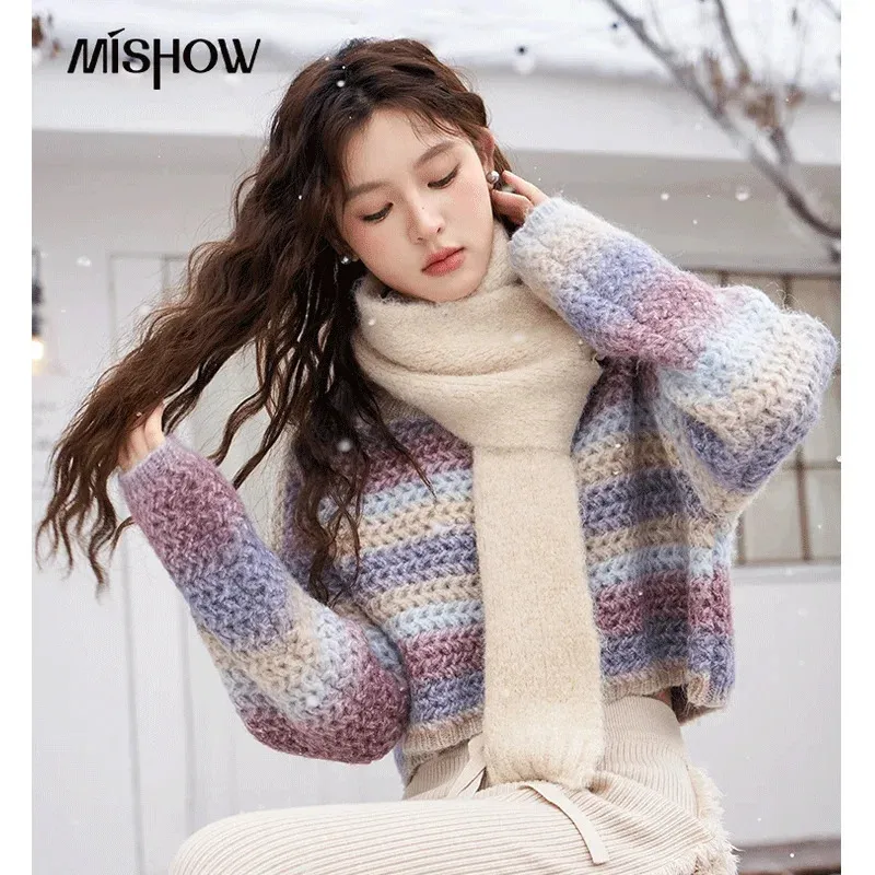 Mishow Women's Tie Dye Gradient Sweater Pullover Crew Neck Kort stickad Autumn Winter Female Clothing Knitwears MXC51Z0313 240113