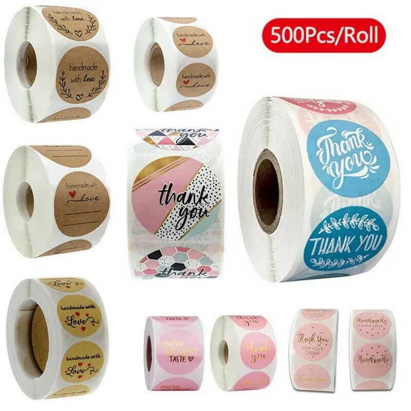 500pcs roll 10 Styles Flowers Heart Thank You Adhesive Sticker Scrapbooking Handmade Business Packaging Seal Decoration Stickers ZZ