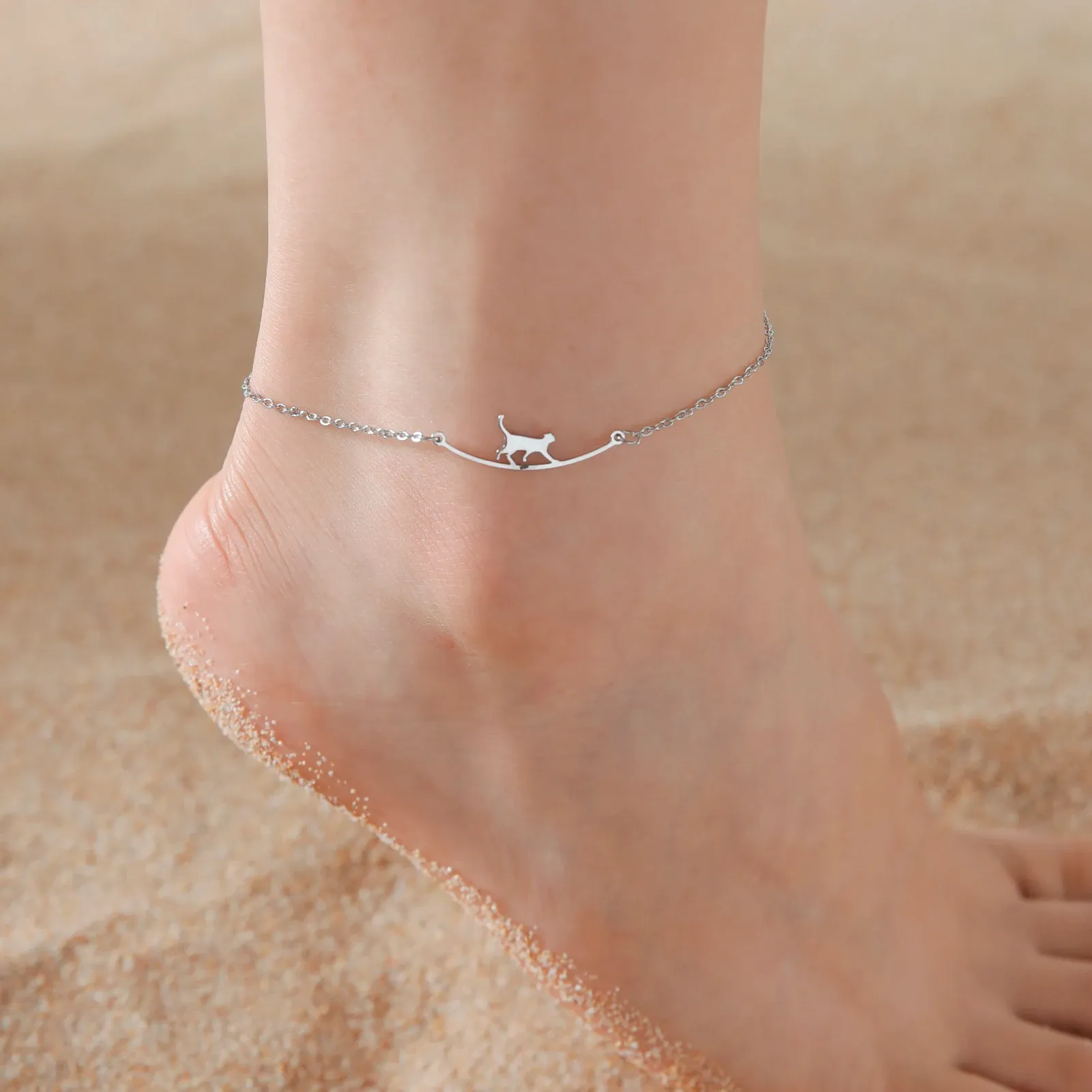 Walking Cat Ankle Bracelet Women 14K White Gold Simple Anklet