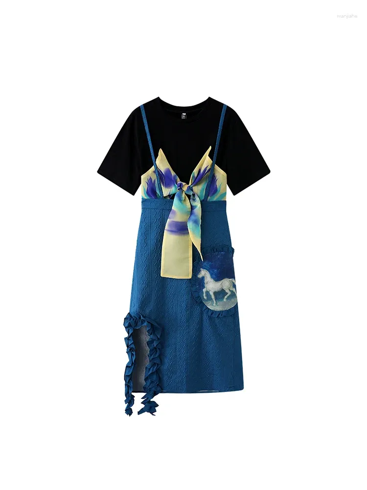 Robes de travail Ensembles de jupe bleue pour femmes Vintage T-shirt à manches courtes noir et ligne A longue Y2k élégant costume Harajuku Kawaii vêtements des années 2000