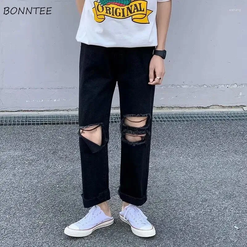 Men's Jeans Men Ankle-length Hole Solid Retro Streetwear All-match Teen Straight Trouser Loose Leisure Harajuku High Street Chic S-3XL