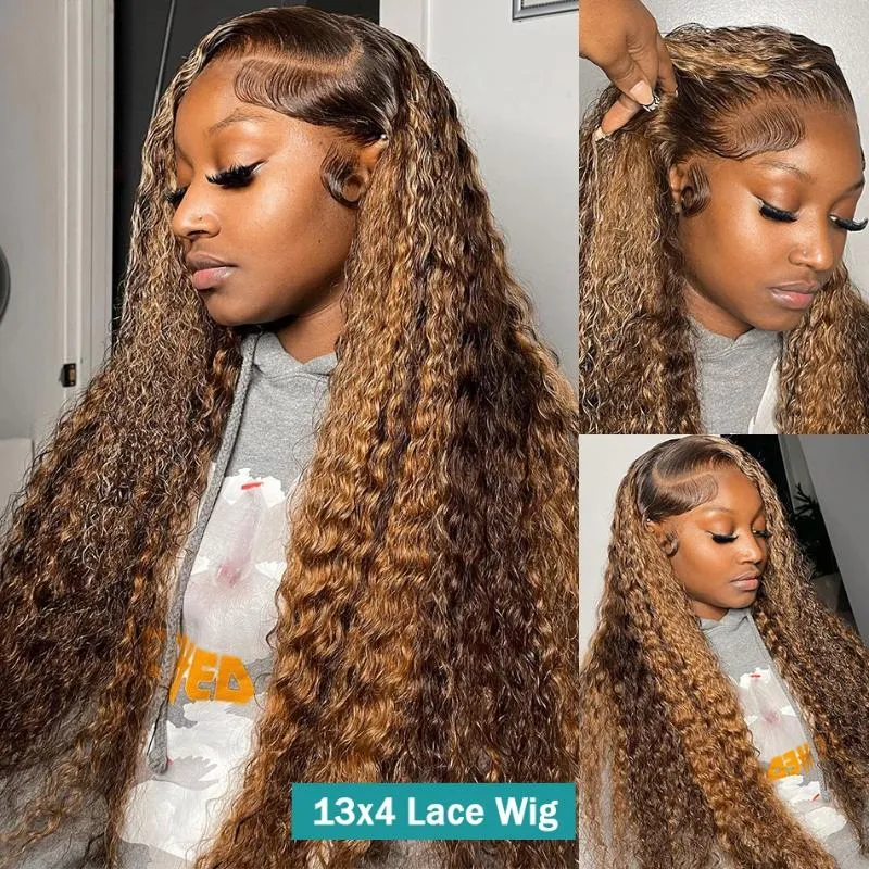 Perruque Lace Frontal Wig naturelle bouclée ombrée, cheveux humains, 4/27 couleurs, 13x4, Deep Wave, fermeture avec partie en T, à reflets, pour femmes