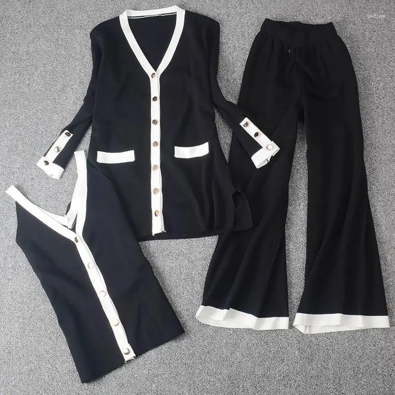 Kadınlar İki Parçalı Pantolon Rindu Buz İpek Örgü Hırka Kıyafet Sonbahar Giyim 2024 Geniş Bacak Şık Şık Üç Parçalı Set