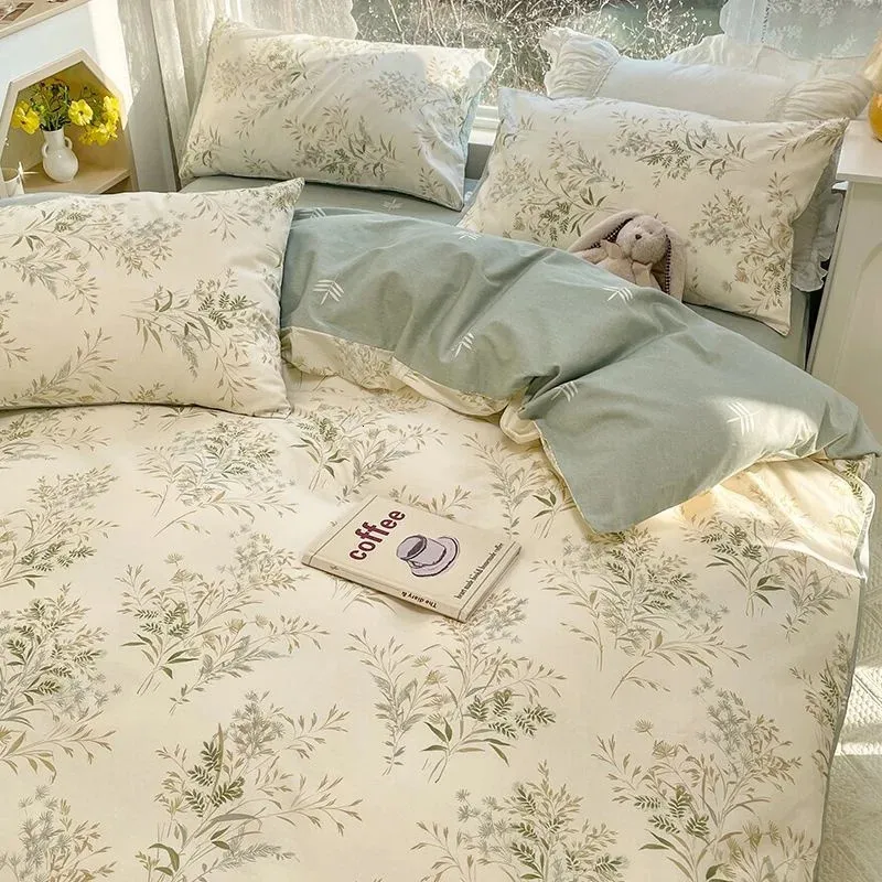 Ins Style Floral Däcke Cover Set Flat Sheet Pillow Cases Inga fyllning Twin Single Queen Size Boys Bäddskläder 240113