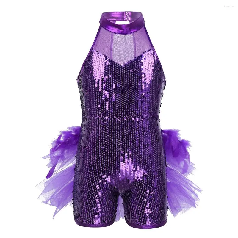 Abbigliamento da palcoscenico Ragazze Paillettes Jazz Costume da ballo latino Balletto Body Tuta Bambini Lucido senza maniche Collo a lupetto Maglia Dancewear Costumi di piume