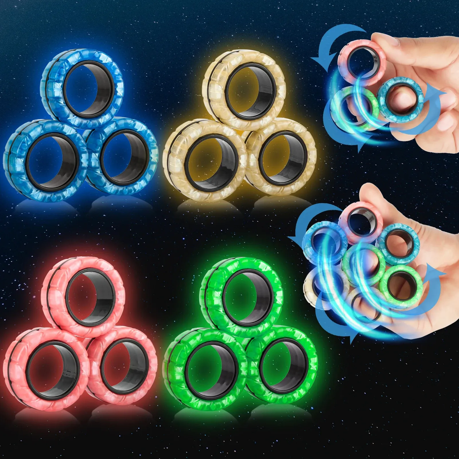 Yishidany 12pcs Glow in Dark Magnetic Ring Fidget Spinner Toys Fingers Magnet ADHD Stress Releas