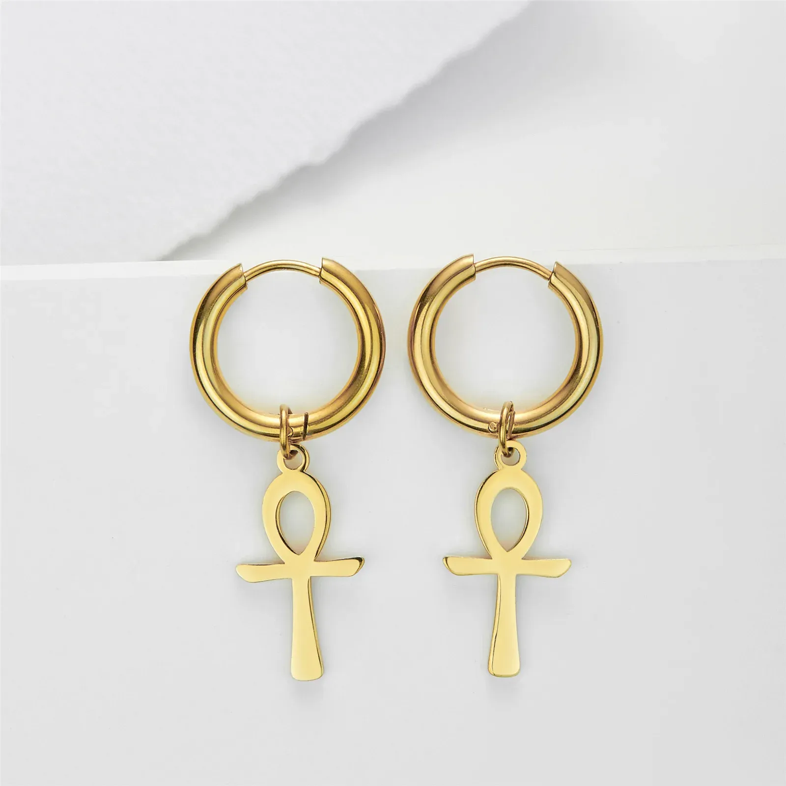 Egypt Ankh Cross Drop Earrings Women Golds Color 14k Yellow Gold Dangle Earrings Amulet Crucifix Egyptian Jewelry Gift