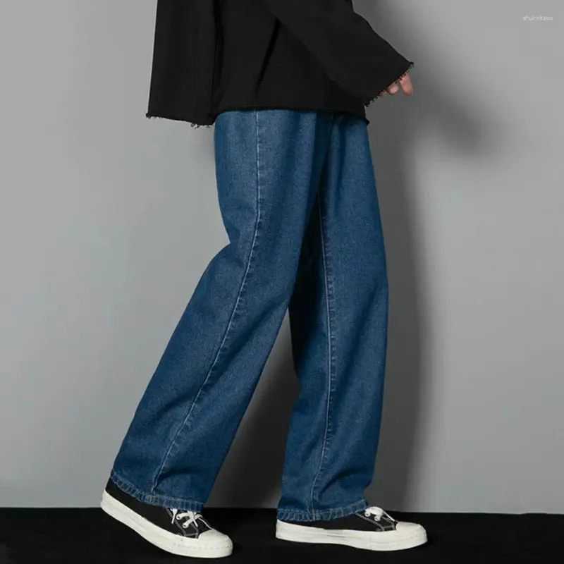 Męskie dżinsy proste mężczyźni retro streetwear szerokie nogi z głębokim kroczem oddychającym tkaniną luźne Długie spodnie dla komfortu