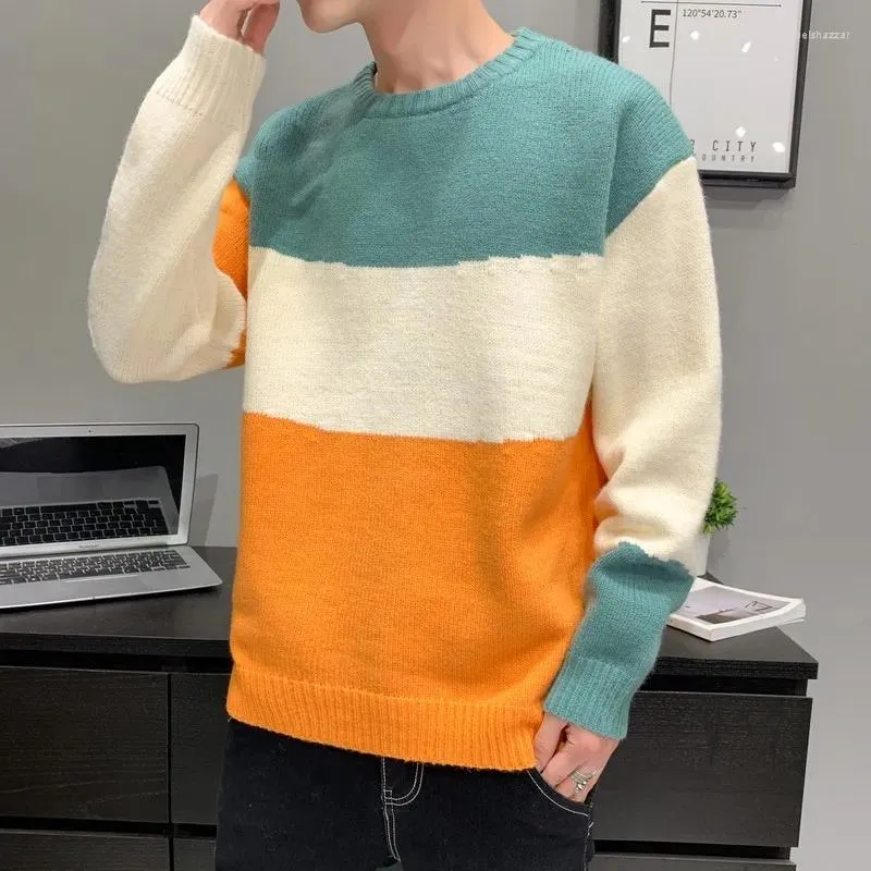 Men's Sweaters Autumn Winter Men Loose Pullover Colorful Casual Knitwear Orange Patchwork Color Block Oversize Boys Knit Top 3xl