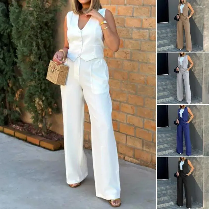 Calças femininas de duas peças mulheres colete elegante senhora baggy conjunto com cor sólida cintura alta perna larga streetwear outfit para um elegante