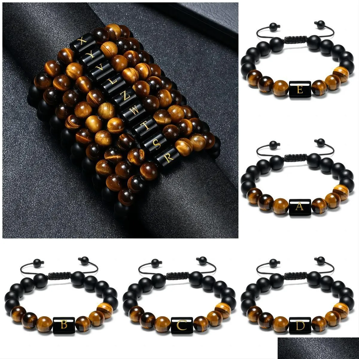 Charme pulseiras iniciais pulseiras para homens carta link artesanal natural preto onyx tigre olho pedra contas trançada corda significado bracel dh07p