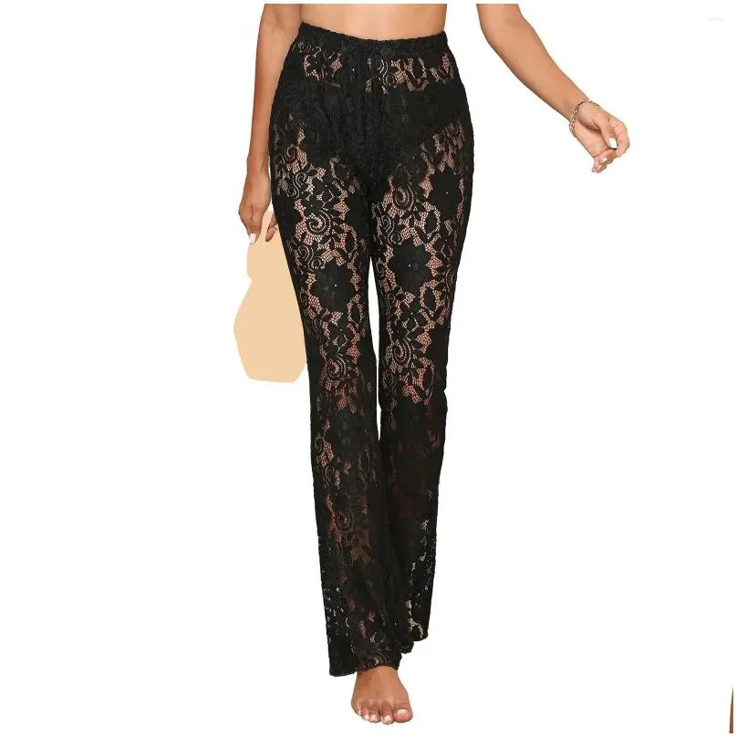 Calças femininas Capris Mulheres Y Lace Ver através de Malha Sheer Cintura Alta Stretchy Slim Calças Oca Out Skinny Flare Bell-Bot Drop Entregar Otdyc