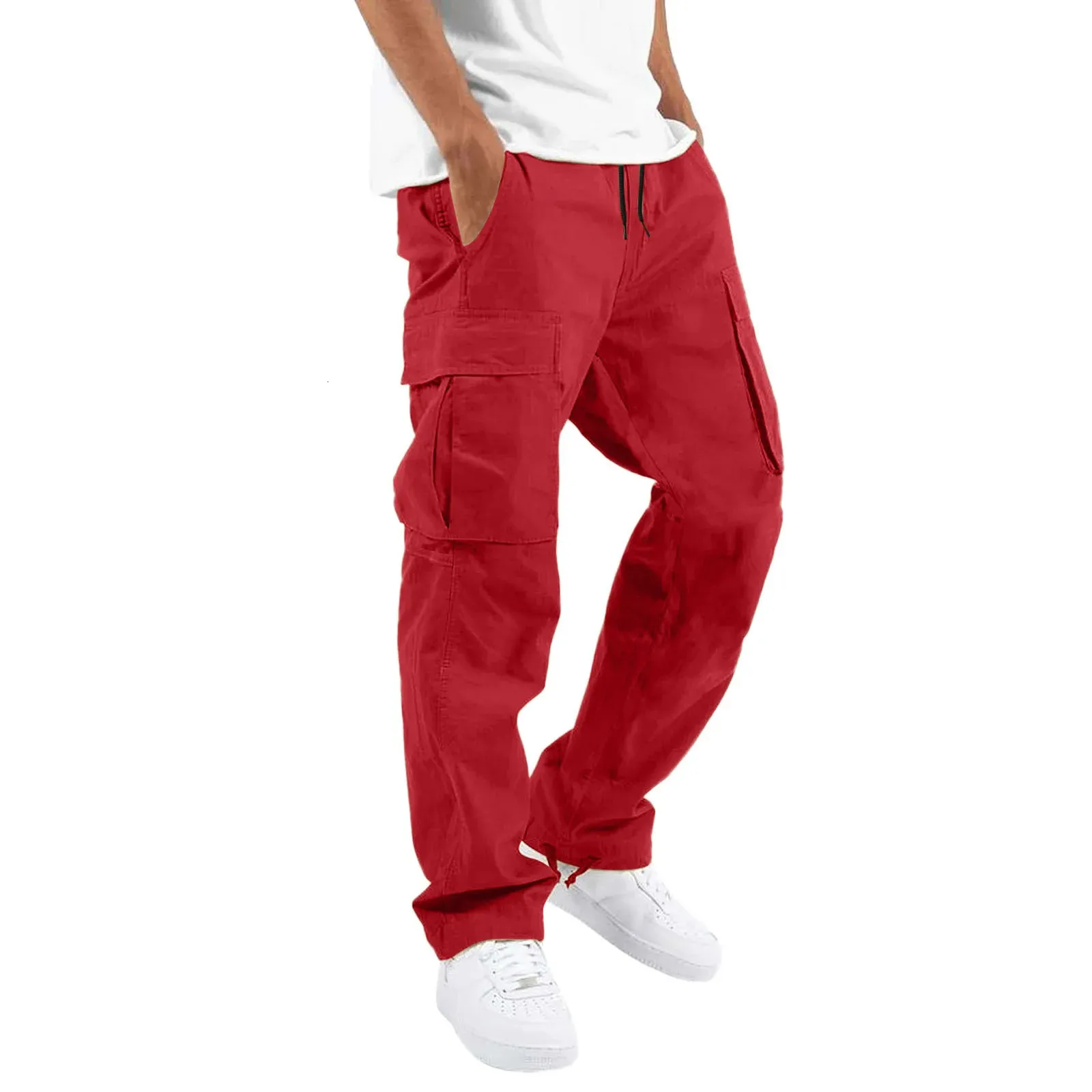Calças para homens comprimento total cor sólida solta vários bolsos bolsos com cordão calças cargo masculinas 3XL 240112 08_voghion.com