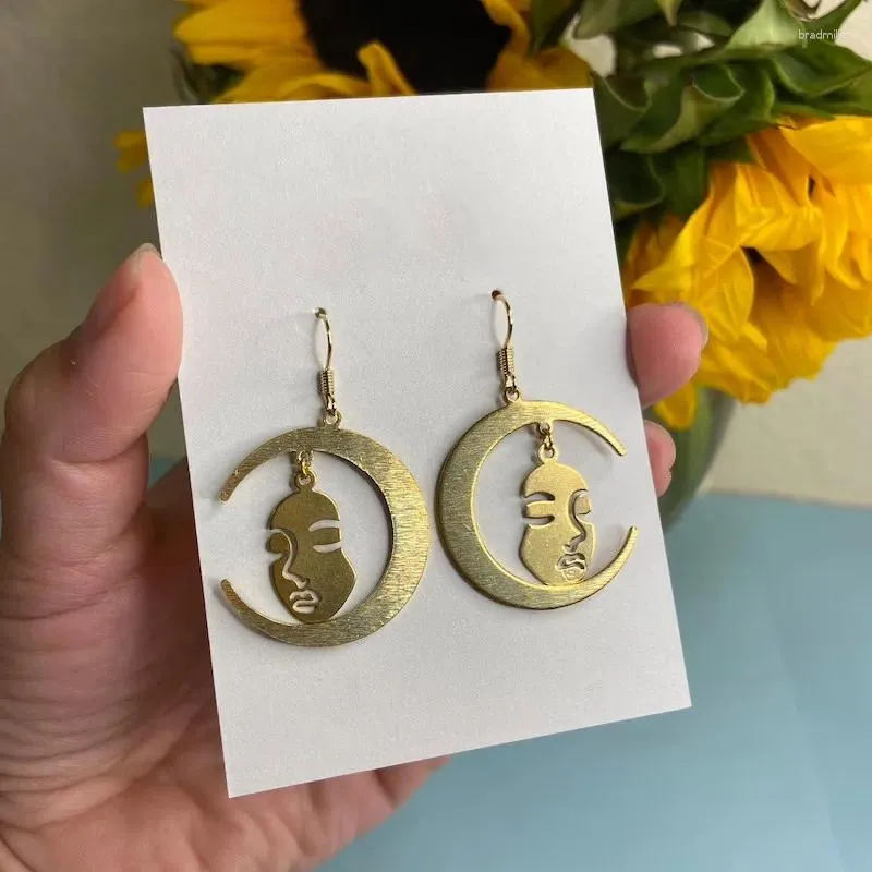 Dangle Earrings MOONFACE Shiny Celestial Crescent Moon Face Jewelry Bohemian Witchy Textured Raw Brass Hipwelry Punk Women Gift