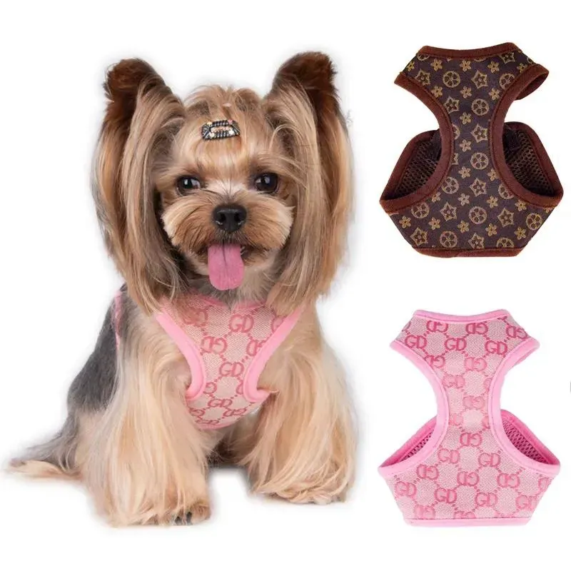 Conjunto de coleiras para cães de design clássico com letras em jacquard, arneses para cães, malha de ar macio, colete para animais de estimação para cães pequenos, gato, xícara de chá, filhotes, Shih Tzu, Poodle, marrom S B89