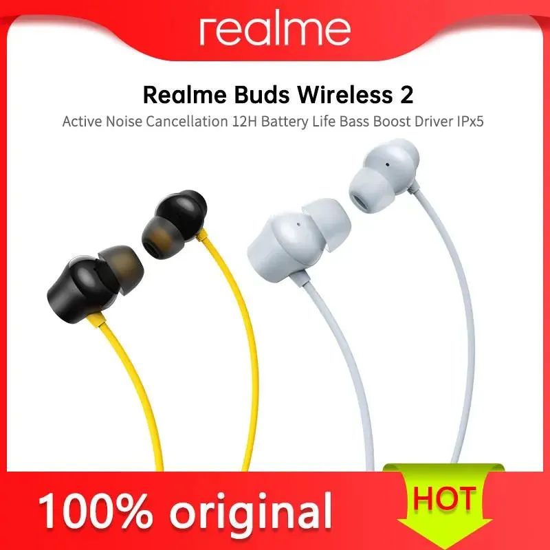 Hörlurar Realme knoppar trådlöst 2 Bluetooth Eearphone Aktiv brusavbokning 12h batterilivslängd bas boost förare ipx5 musik sport öronsnäckor