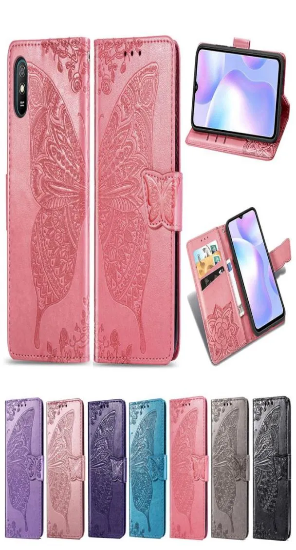 For Xiaomi Redmi 9A Case Dustproof PU Leather Cover Phone Stand Flower Butterfly Magnetic Buckle Removable Hand Strap Model REDM1835835