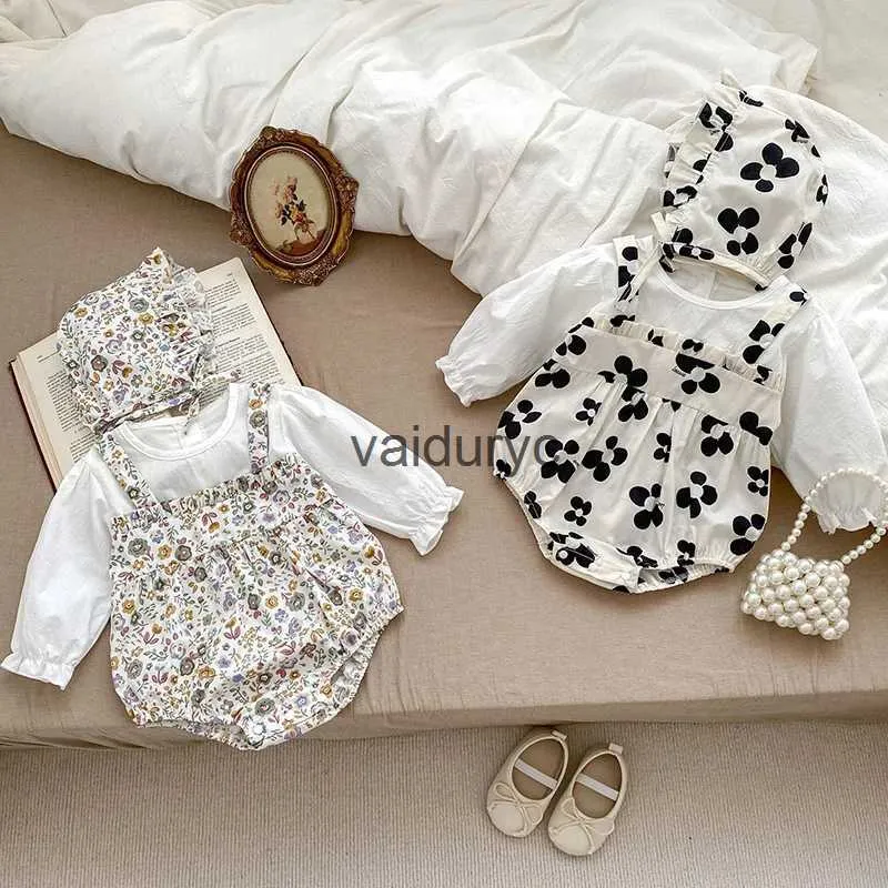 Rompers baby flickor kläder blomma bodysuit söt en bit med hatt h240508