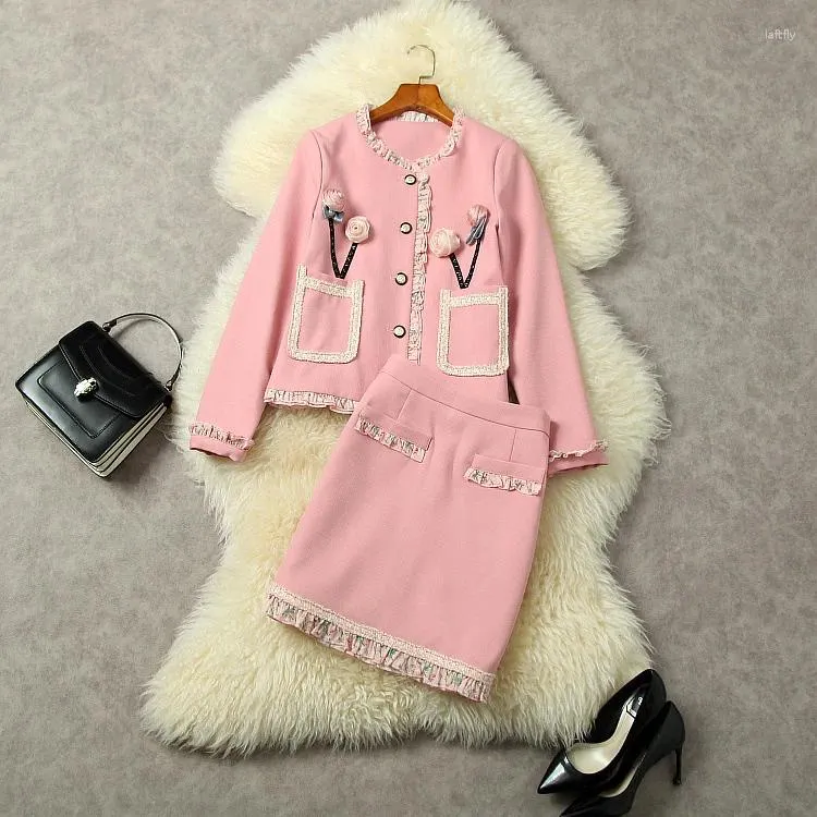 Work Dresses European And American Women's Wear For Winter 2024 Long Sleeve Lace Three-dimensional Flower Pink Coat Skirts Fashion Suits