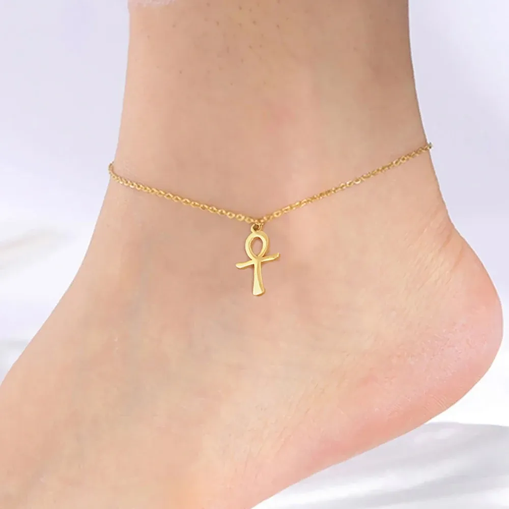 Nieuwe Egypte Ankh Cross Enkelband 14k Geel Goud Egyptische Hanger Been Voet Enkelband Strand Sieraden Cadeau voor vrouwen